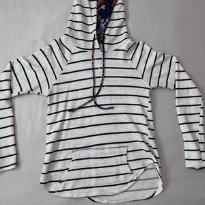 Hooded striped pullover top, in Oatmeal/Cream with navy blue stripes, size M.
